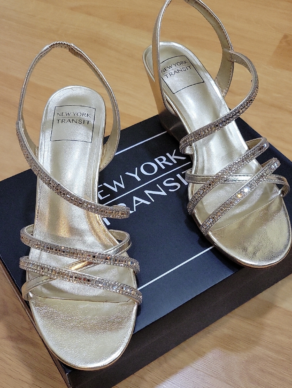 New York Transit Metallic Gold Rhinestone Strappy Slingback Heels